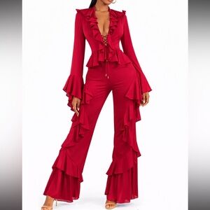 RED 2PCs Ruffled Pant Set